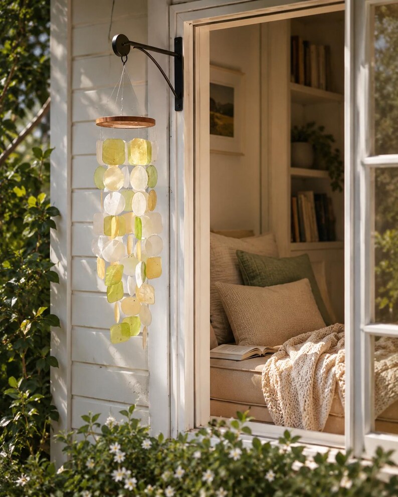 Carillon éolien en coquillages Capiz pastel avec bois naturel, 60 cm, décoration suspendue bohème