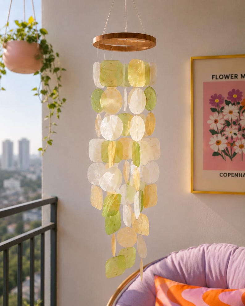 Carillon éolien en coquillages Capiz pastel avec bois naturel, 60 cm, décoration suspendue bohème