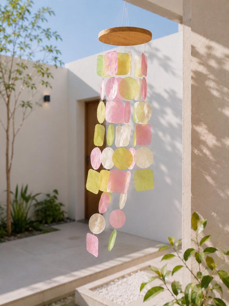 Carillon éolien en coquillage Capiz pastel, décoration bohème pour porche et intérieur, 60 cm