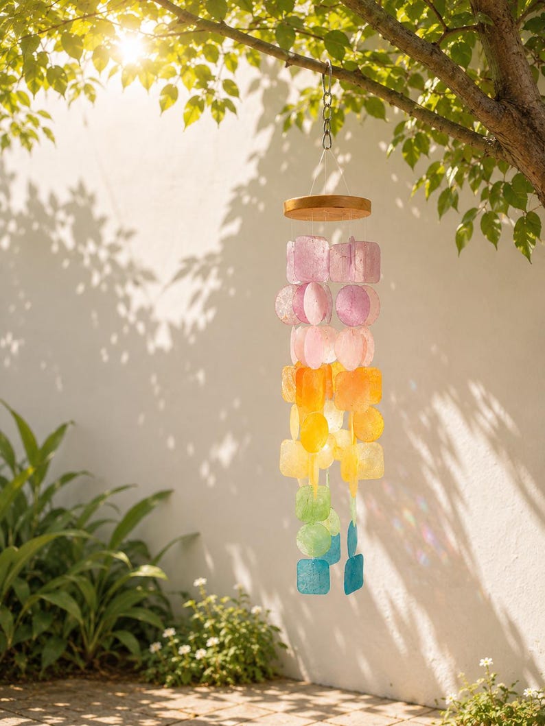 Carillon éolien en coquillage Capiz pastel arc-en-ciel, suspension décorative pour fenêtre et intérieur, 60 cm