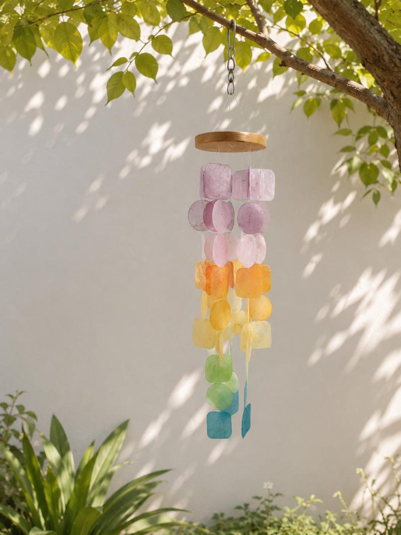 Carillon éolien en coquillage Capiz pastel arc-en-ciel, suspension décorative pour fenêtre et intérieur, 60 cm