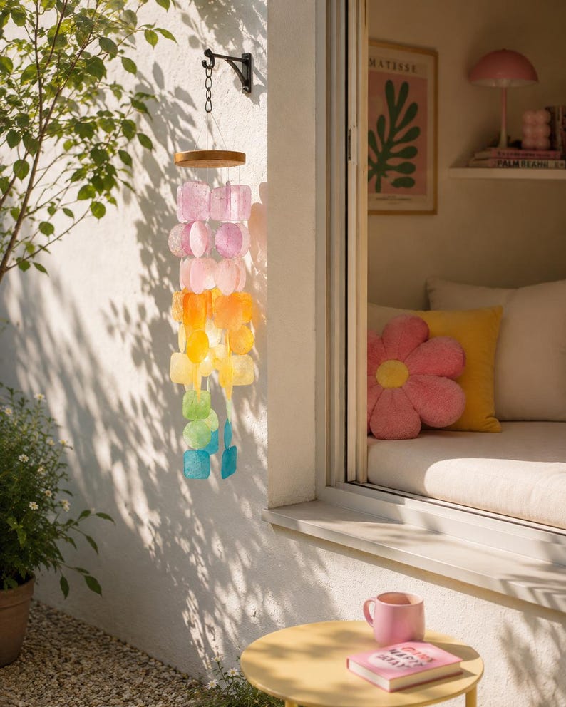 Carillon éolien en coquillage Capiz pastel arc-en-ciel, suspension décorative pour fenêtre et intérieur, 60 cm