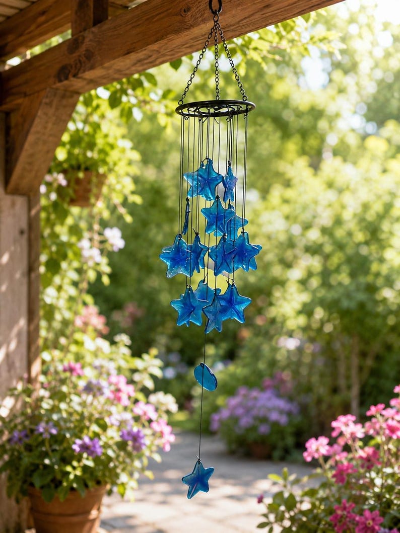 Carillon éolien en verre bleu avec étoile de mer, 5,1 x 34,5 pouces, décoration côtière