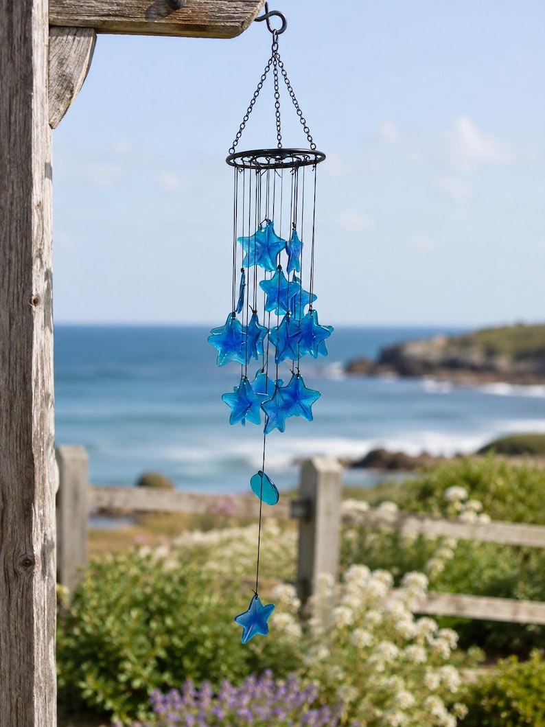 Carillon éolien en verre bleu avec étoile de mer, 5,1 x 34,5 pouces, décoration côtière
