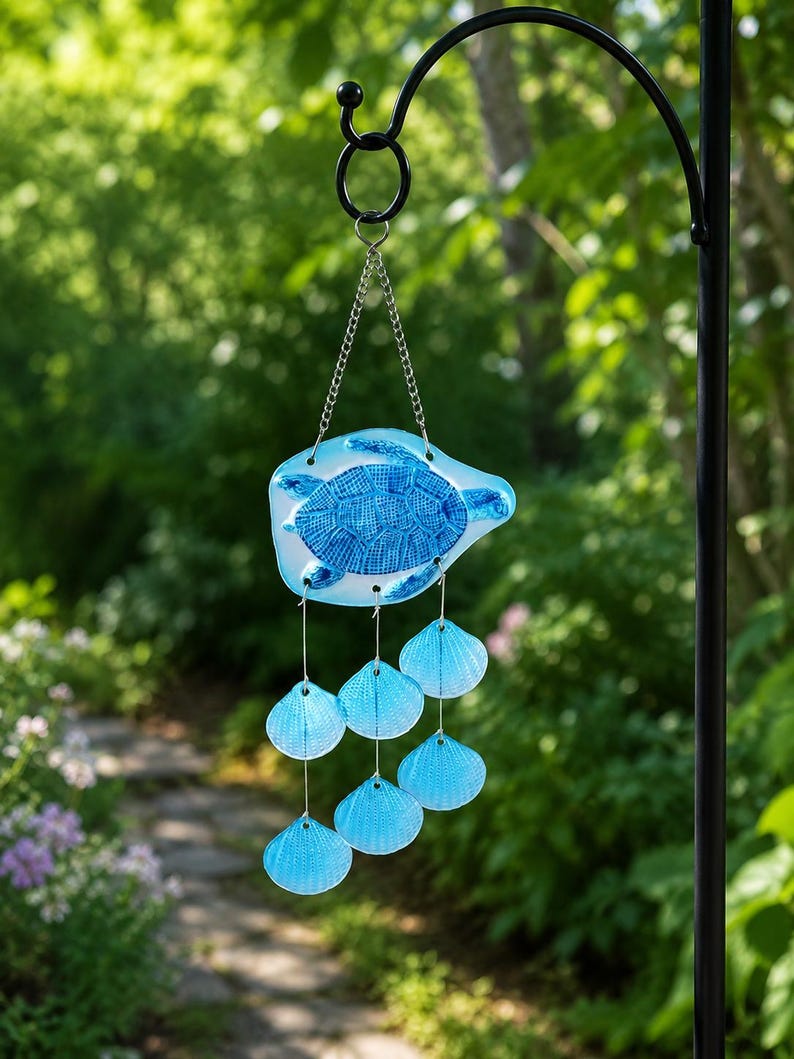 Carillon éolien en verre soufflé forme tortue de mer bleue, attrape-soleil suspendu pour décoration côtière et océanique, maison et jardin