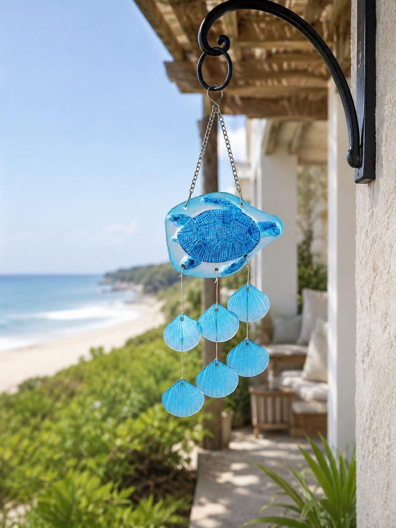 Carillon éolien en verre soufflé forme tortue de mer bleue, attrape-soleil suspendu pour décoration côtière et océanique, maison et jardin