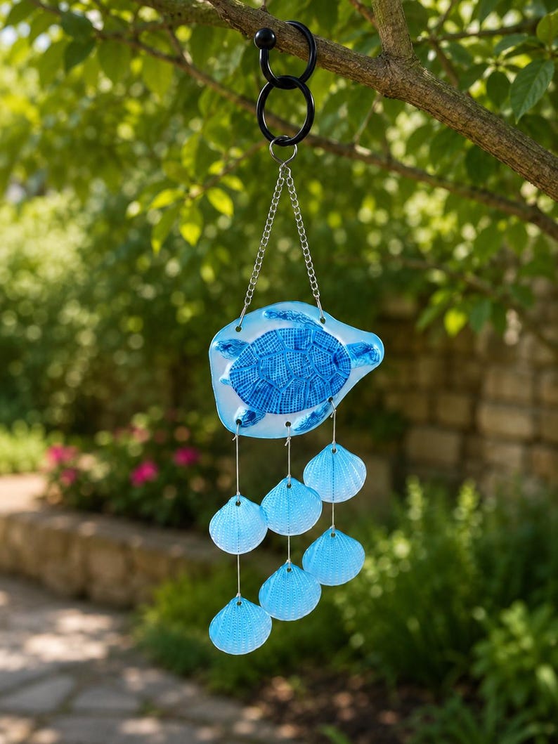 Carillon éolien en verre soufflé forme tortue de mer bleue, attrape-soleil suspendu pour décoration côtière et océanique, maison et jardin
