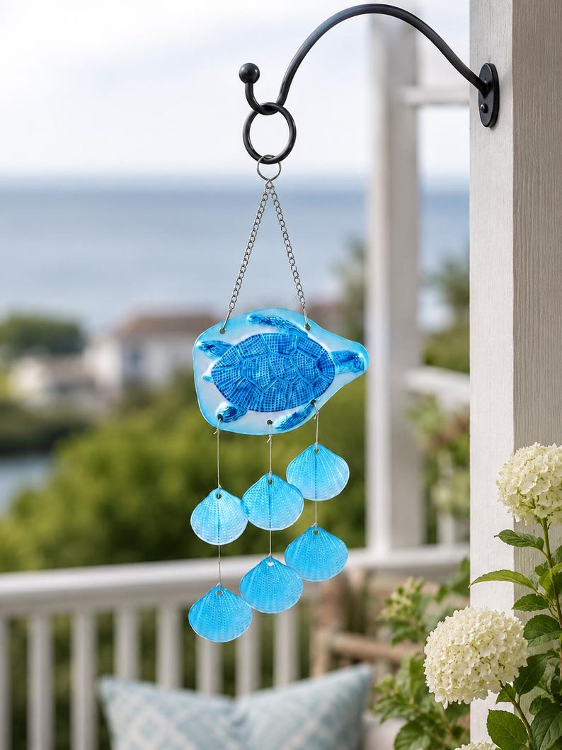 Carillon éolien en verre soufflé forme tortue de mer bleue, attrape-soleil suspendu pour décoration côtière et océanique, maison et jardin