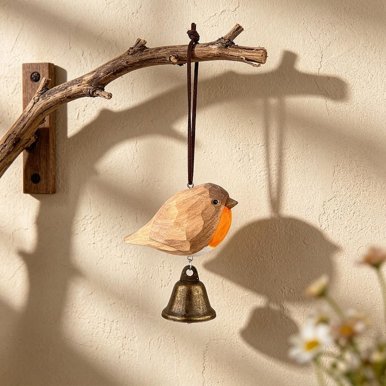 Carillon éolien rouge-gorge en bois sculpté à la main avec cloche en laiton, ornement suspendu rustique pour fenêtre, balcon et entrée