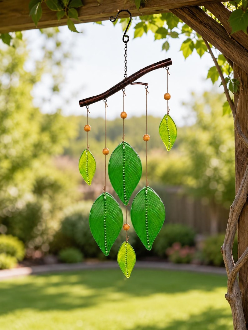 Carillon éolien en verre soufflé avec capteur de soleil, décor suspendu pour maison et jardin, 9,7 x 24,5 pouces