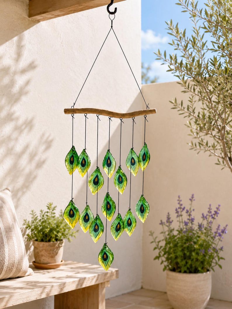 Carillon éolien en verre soufflé avec plumes d'oiseaux et capteur solaire, décoration suspendue pour bord de mer, 33,5 pouces