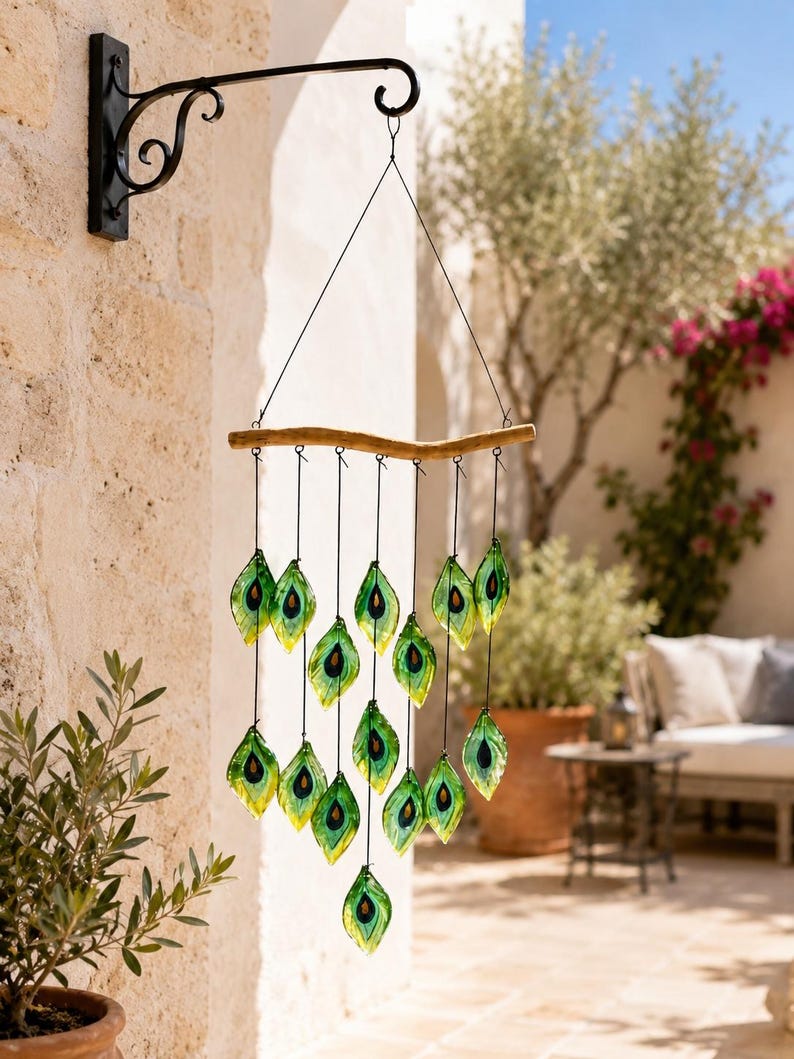 Carillon éolien en verre soufflé avec plumes d'oiseaux et capteur solaire, décoration suspendue pour bord de mer, 33,5 pouces