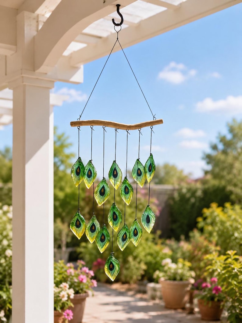 Carillon éolien en verre soufflé avec plumes d'oiseaux et capteur solaire, décoration suspendue pour bord de mer, 33,5 pouces