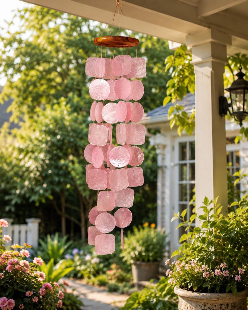 Carillon éolien en coquillage Capiz et bois, or rose, 60 cm, décoration suspendue pour terrasse, jardin et intérieur