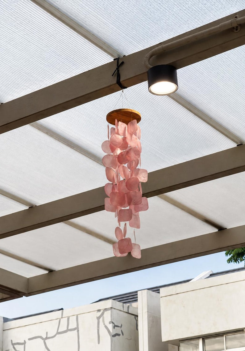 Carillon éolien en coquillage Capiz et bois, or rose, 60 cm, décoration suspendue pour terrasse, jardin et intérieur