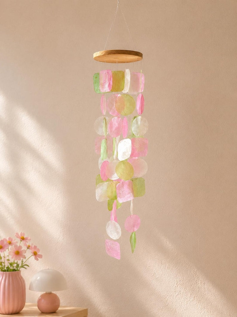 Carillon éolien en coquillage Capiz pastel, décoration bohème pour porche et intérieur, 60 cm