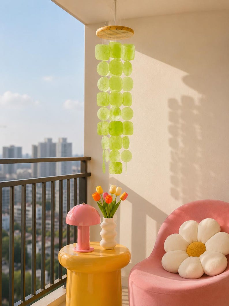 Carillon Éolien en Coquillage Capiz Vert avec Crochet, 60 cm, Décor Côtier pour Intérieur et Extérieur