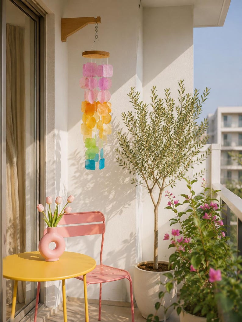 Carillon éolien en coquillage Capiz pastel arc-en-ciel, suspension décorative pour fenêtre et intérieur, 60 cm