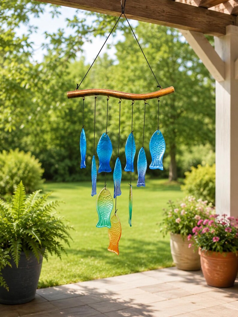 Carillon éolien en verre bleu soufflé à la main en forme de poisson avec étoile de mer, attrape-soleil suspendu pour décoration côtière et océanique, 11,81 x 27,56 pouces
