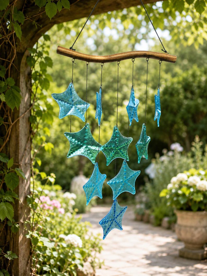Carillon éolien en verre bleu soufflé à la main en forme de poisson avec étoile de mer, attrape-soleil suspendu pour décoration côtière et océanique, 11,81 x 27,56 pouces