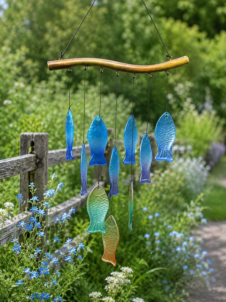 Carillon éolien en verre bleu soufflé à la main en forme de poisson avec étoile de mer, attrape-soleil suspendu pour décoration côtière et océanique, 11,81 x 27,56 pouces