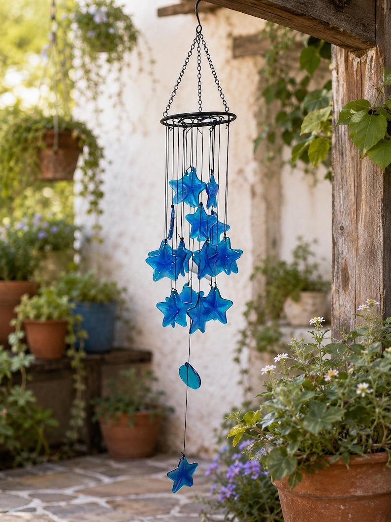 Carillon éolien en verre bleu avec étoile de mer, 5,1 x 34,5 pouces, décoration côtière