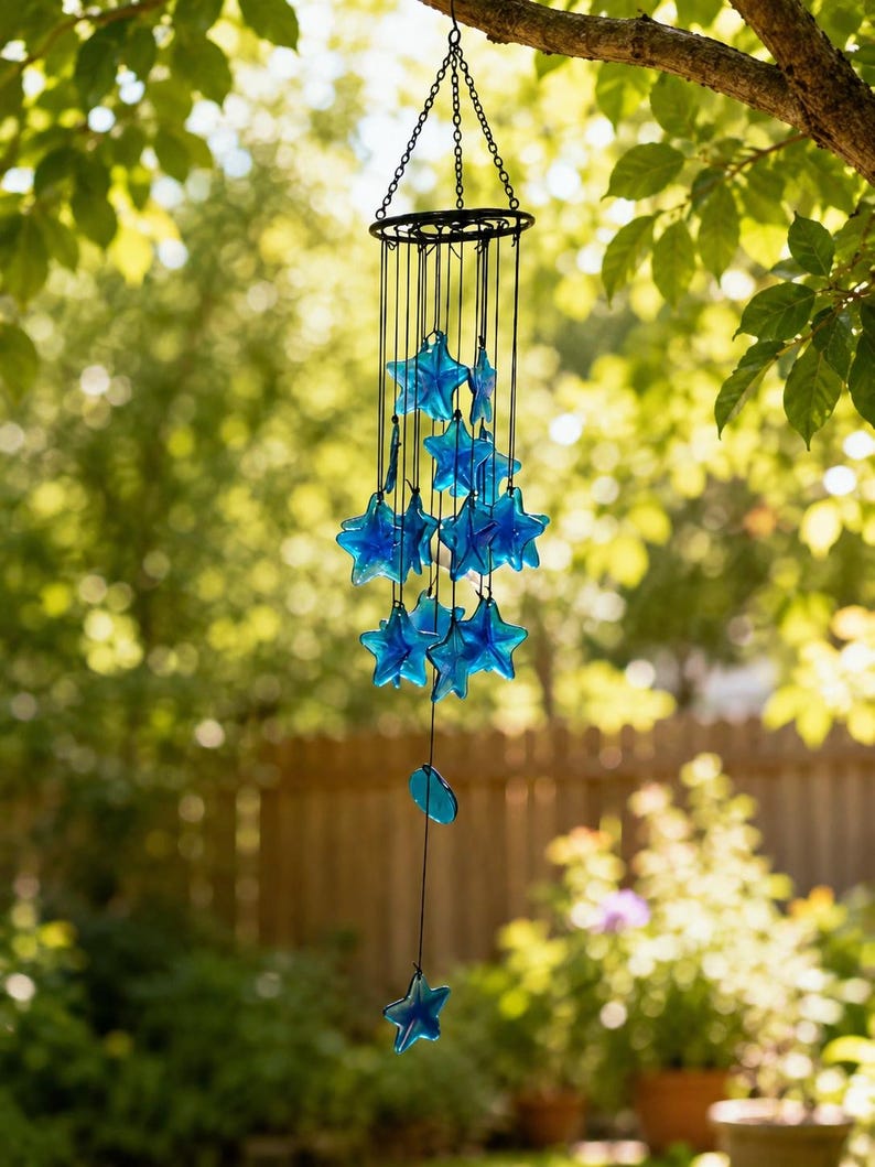 Carillon éolien en verre bleu avec étoile de mer, 5,1 x 34,5 pouces, décoration côtière