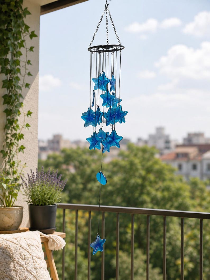 Carillon éolien en verre bleu avec étoile de mer, 5,1 x 34,5 pouces, décoration côtière