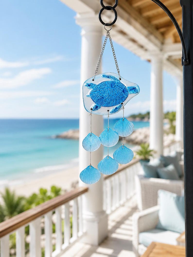 Carillon éolien en verre soufflé forme tortue de mer bleue, attrape-soleil suspendu pour décoration côtière et océanique, maison et jardin