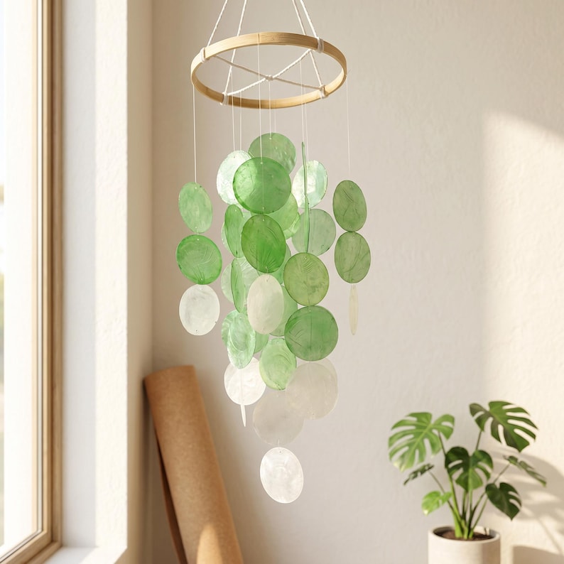 Carillon éolien en coquilles Capiz naturelles, suspension de fenêtre bleu nordique ombré, décoration murale côtière et bohème, bambou et cordon nylon transparent