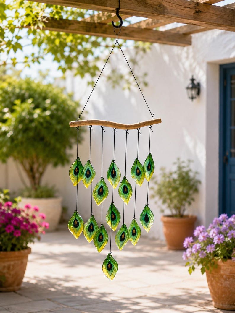 Carillon éolien en verre soufflé avec plumes d'oiseaux et capteur solaire, décoration suspendue pour bord de mer, 33,5 pouces