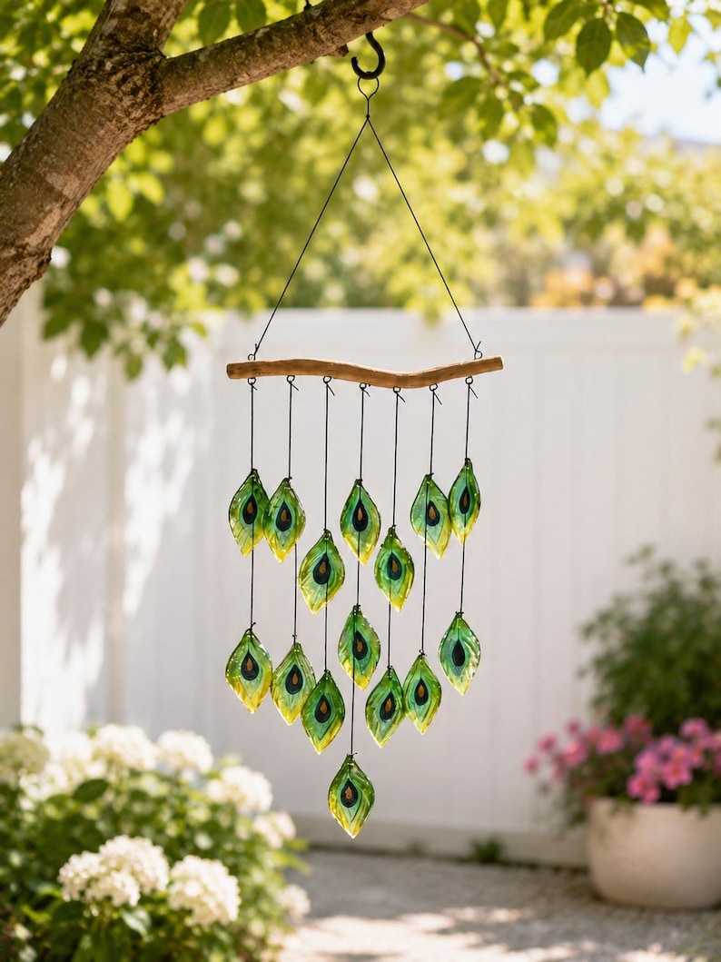 Carillon éolien en verre soufflé avec plumes d'oiseaux et capteur solaire, décoration suspendue pour bord de mer, 33,5 pouces