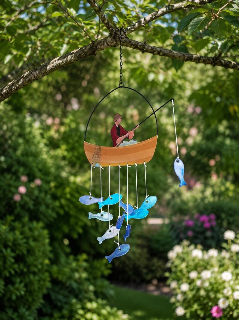 Carillon éolien en verre pour bateau de pêche, mobile poisson en vitrail, décoration nautique côtière suspendue, décoration de terrasse et jardin