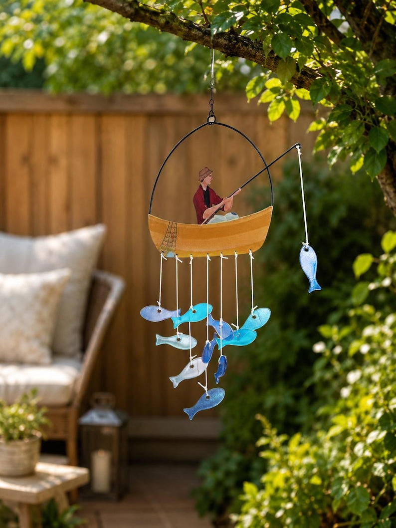 Carillon éolien en verre pour bateau de pêche, mobile poisson en vitrail, décoration nautique côtière suspendue, décoration de terrasse et jardin