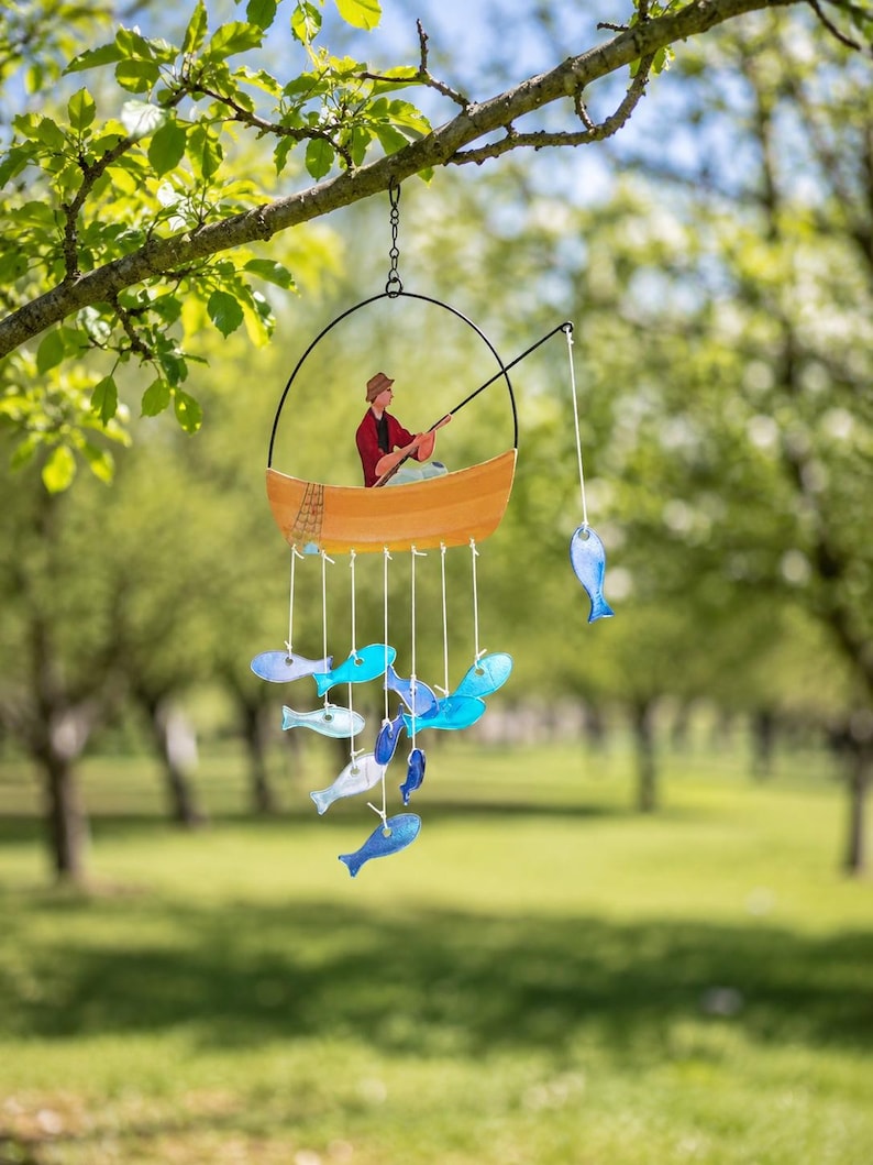 Carillon éolien en verre pour bateau de pêche, mobile poisson en vitrail, décoration nautique côtière suspendue, décoration de terrasse et jardin