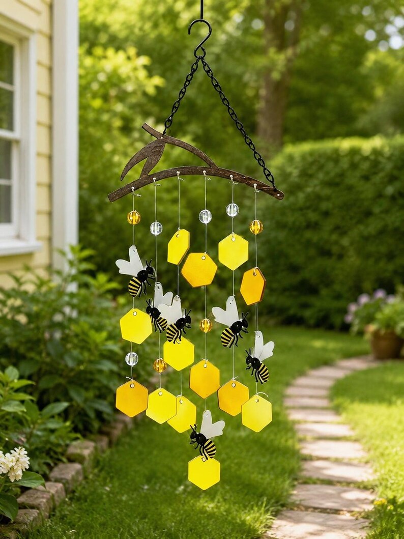 Carillon éolien en verre attrape-soleil nid d'abeille, décoration de jardin suspendue pour porche et terrasse, 7,87 x 23,6 pouces