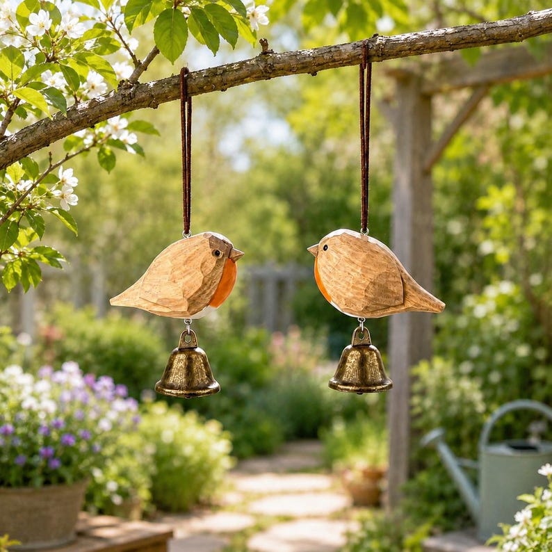 Carillon éolien rouge-gorge en bois sculpté à la main avec cloche en laiton, ornement suspendu rustique pour fenêtre, balcon et entrée