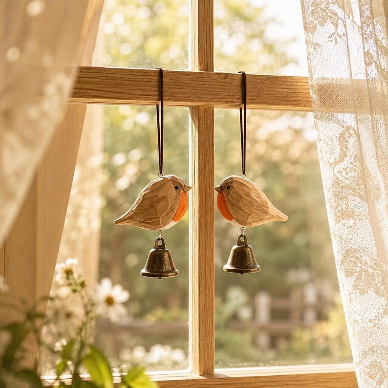 Carillon éolien rouge-gorge en bois sculpté à la main avec cloche en laiton, ornement suspendu rustique pour fenêtre, balcon et entrée