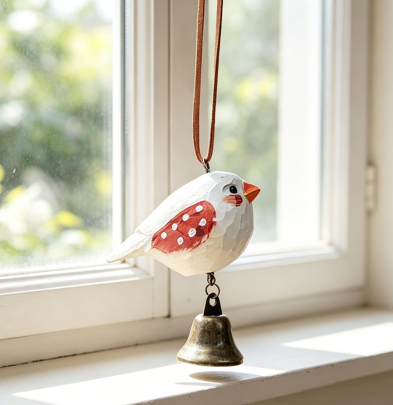 Carillon à oiseau en bois sculpté à la main, cloche métallique suspendue, style rustique pour maison et jardin, 7-10 cm