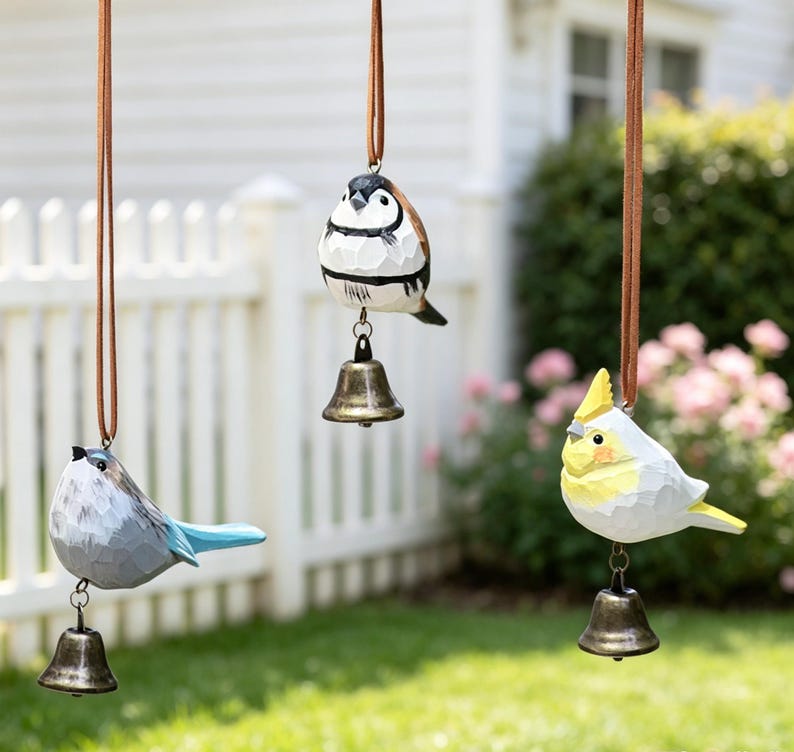Carillon à oiseau en bois sculpté à la main, cloche métallique suspendue, style rustique pour maison et jardin, 7-10 cm
