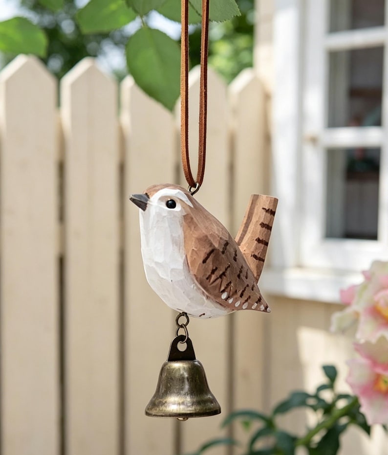 Carillon à oiseau en bois sculpté à la main, cloche métallique suspendue, style rustique pour maison et jardin, 7-10 cm