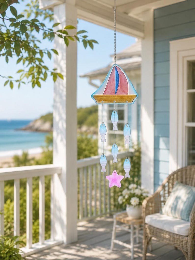 Carillon Éolien en Verre Forme Voilier et Attrape-Soleil Poisson, 62,5 cm, Décoration de Porche de Plage