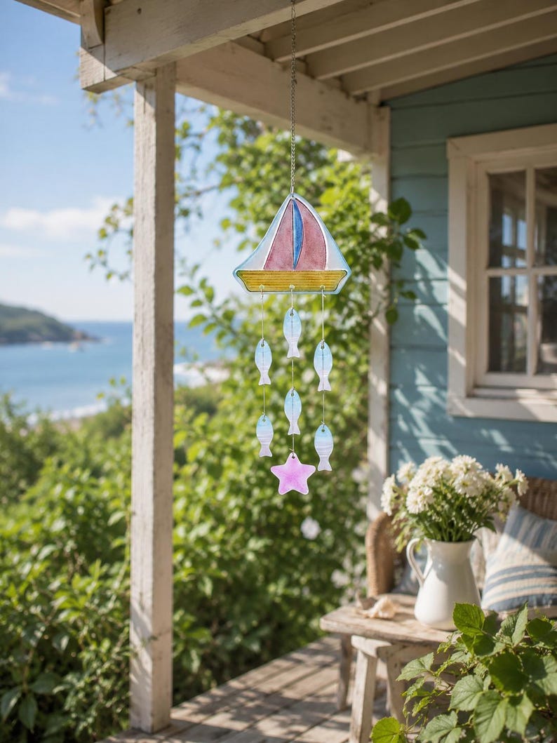 Carillon Éolien en Verre Forme Voilier et Attrape-Soleil Poisson, 62,5 cm, Décoration de Porche de Plage