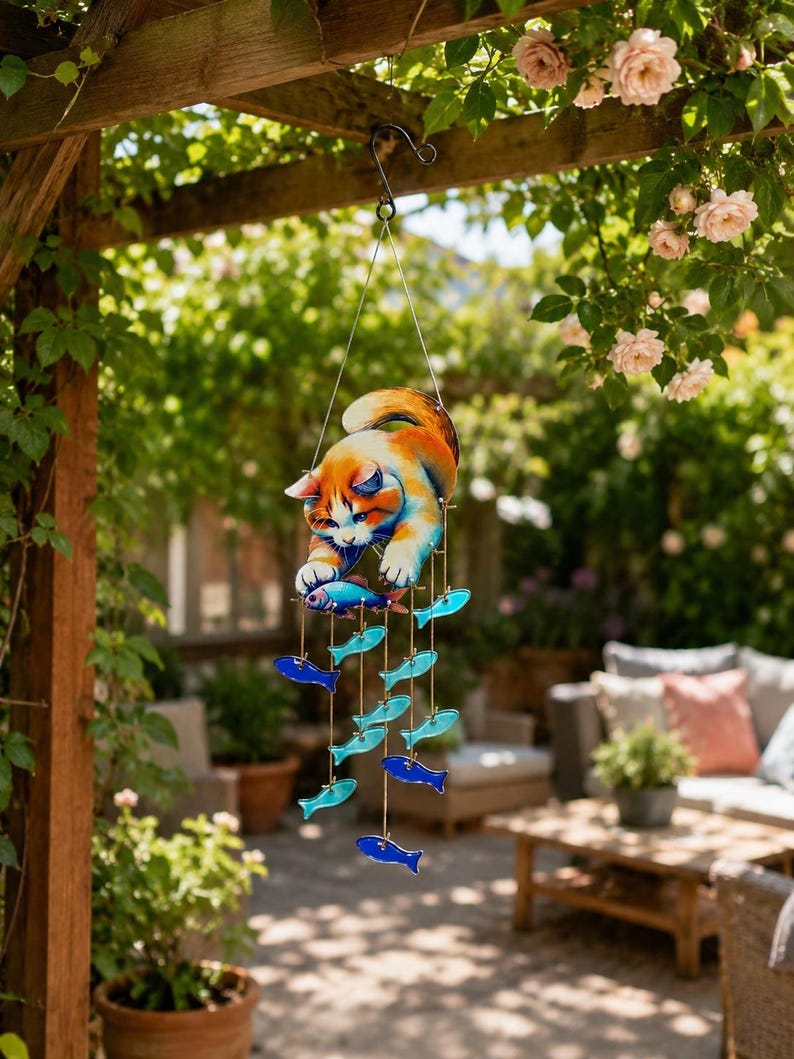 Carillon éolien en verre forme de chat, attrape-soleil orange avec poisson, décoration suspendue pour jardin ou porche, 19 cm x 65 cm