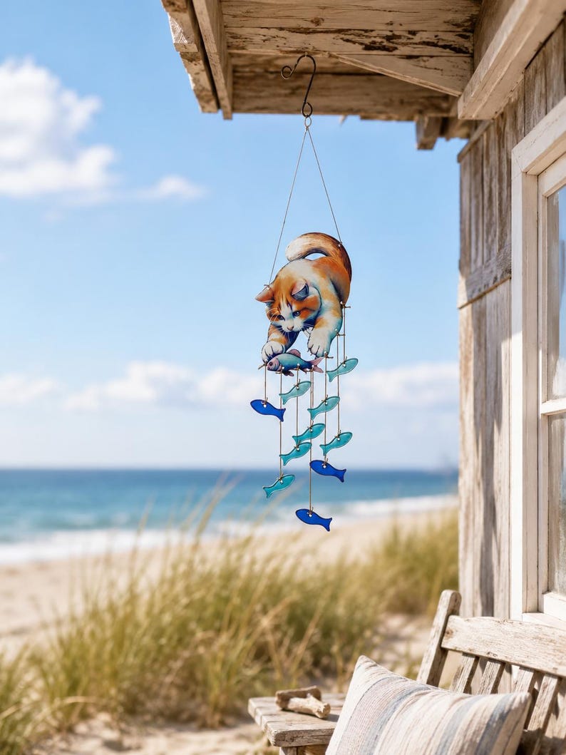 Carillon éolien en verre forme de chat, attrape-soleil orange avec poisson, décoration suspendue pour jardin ou porche, 19 cm x 65 cm