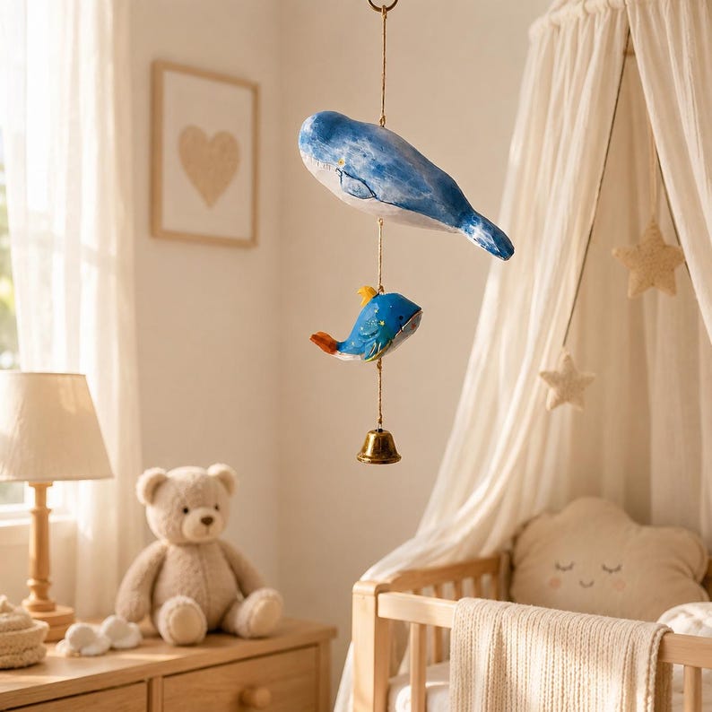 Carillon éolien baleine en bois sculpté à la main, cloche en laiton, décoration murale océan pour intérieur