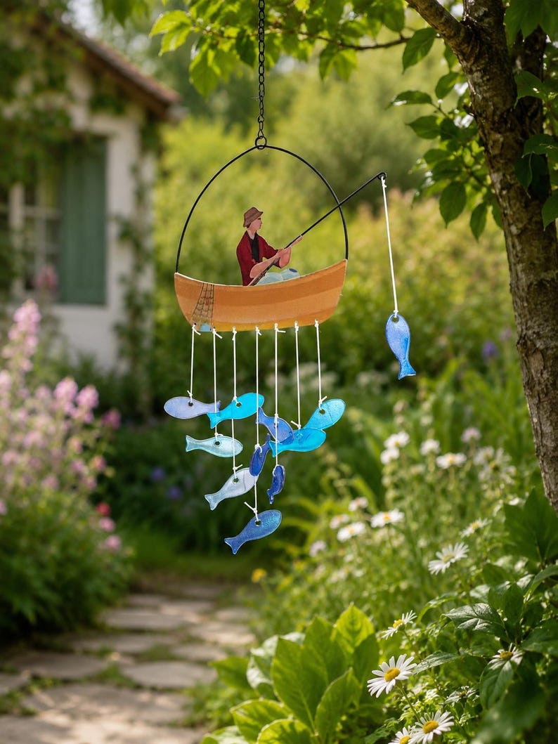 Carillon éolien en verre pour bateau de pêche, mobile poisson en vitrail, décoration nautique côtière suspendue, décoration de terrasse et jardin