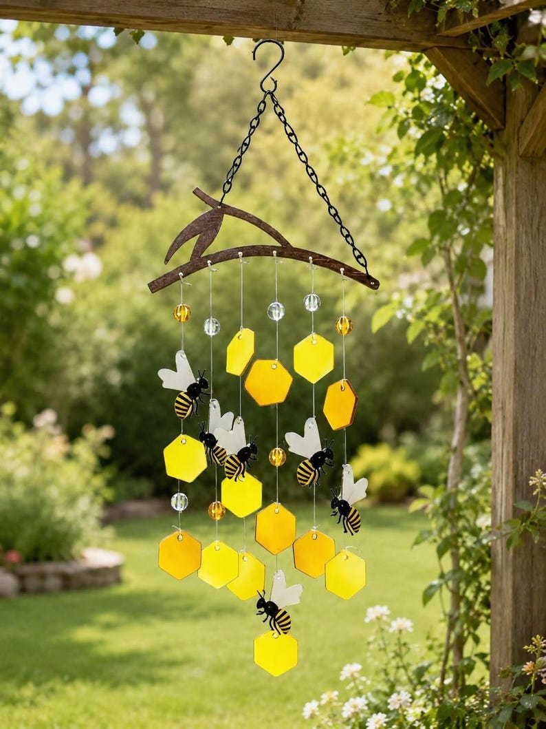 Carillon éolien en verre attrape-soleil nid d'abeille, décoration de jardin suspendue pour porche et terrasse, 7,87 x 23,6 pouces