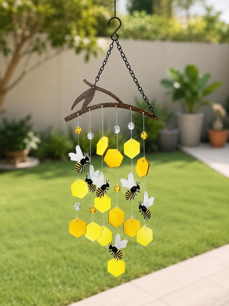 Carillon éolien en verre attrape-soleil nid d'abeille, décoration de jardin suspendue pour porche et terrasse, 7,87 x 23,6 pouces