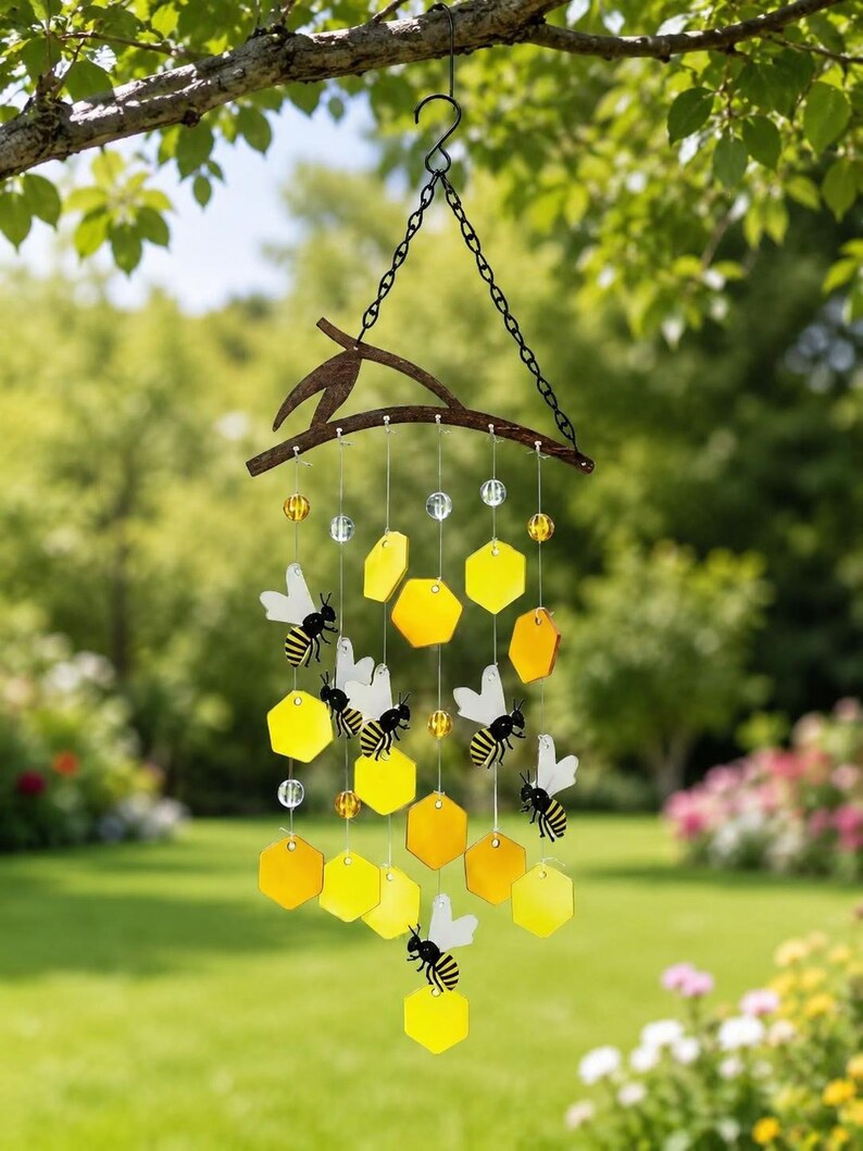 Carillon éolien en verre attrape-soleil nid d'abeille, décoration de jardin suspendue pour porche et terrasse, 7,87 x 23,6 pouces